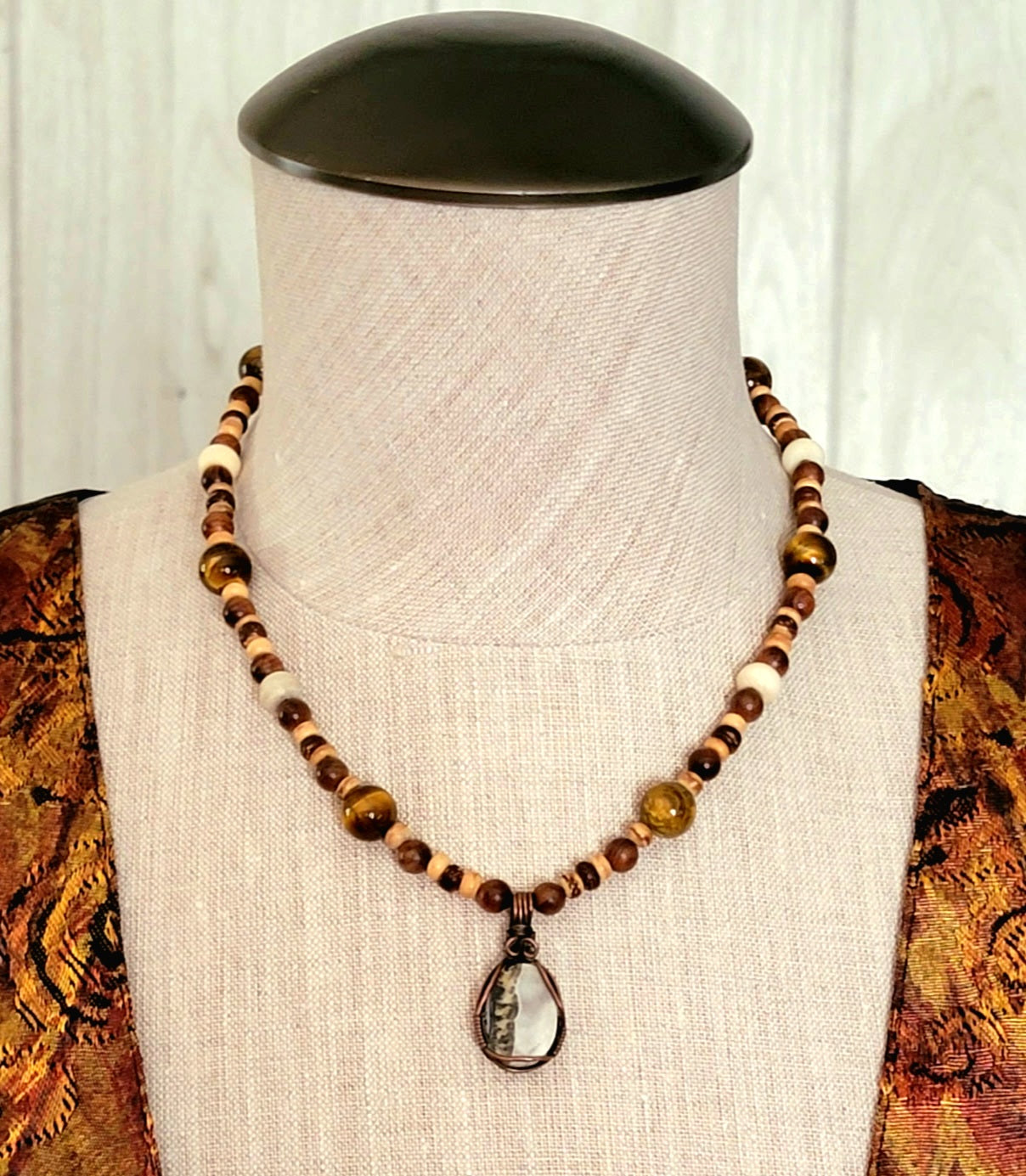 Silver Lace Onyx Pendant: Tiger Eye, Bone, Reed & Wood