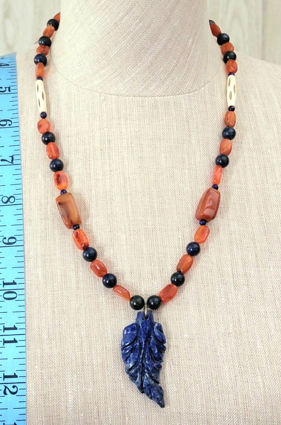 Lapis Leaf Pendant: Carnelian, Azurite & Bone