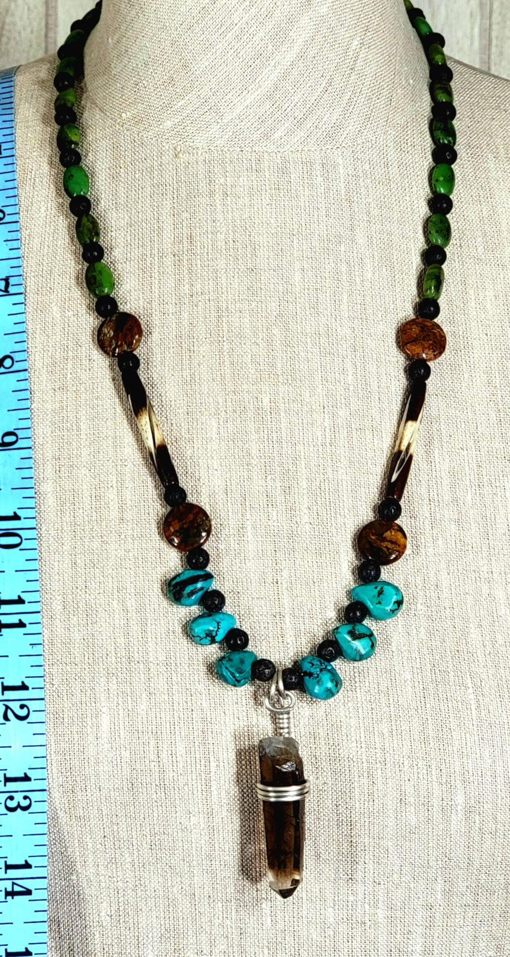 Smokey Quarts Point:  Turquoise, Chrysoprase, Opal, Bone & Lava