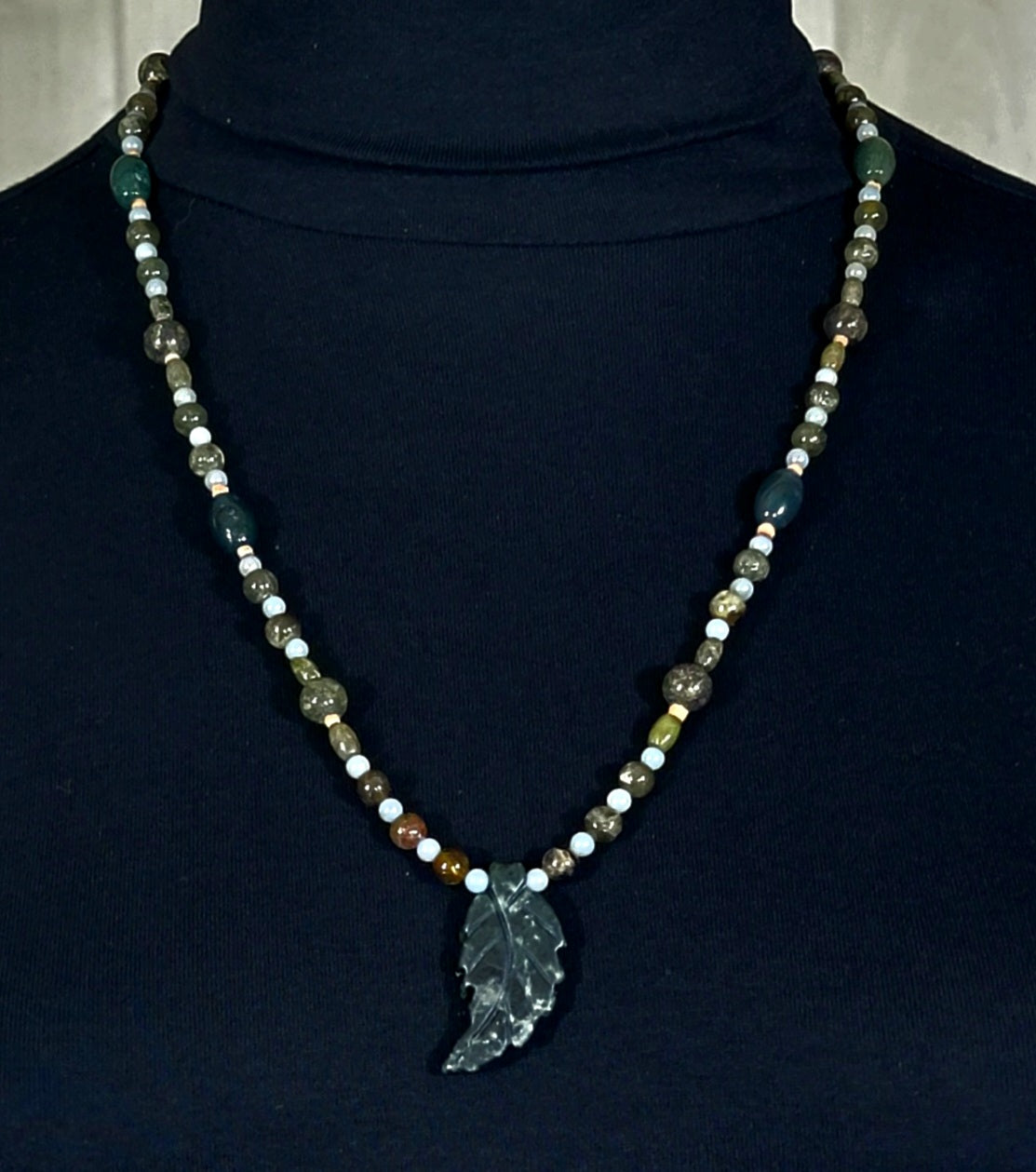 Agate Leaf Pendant: Grossular Garnet, Unakite, Angelite, Jasper & Reed