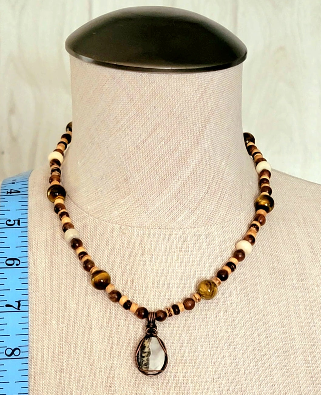 Silver Lace Onyx Pendant: Tiger Eye, Bone, Reed & Wood