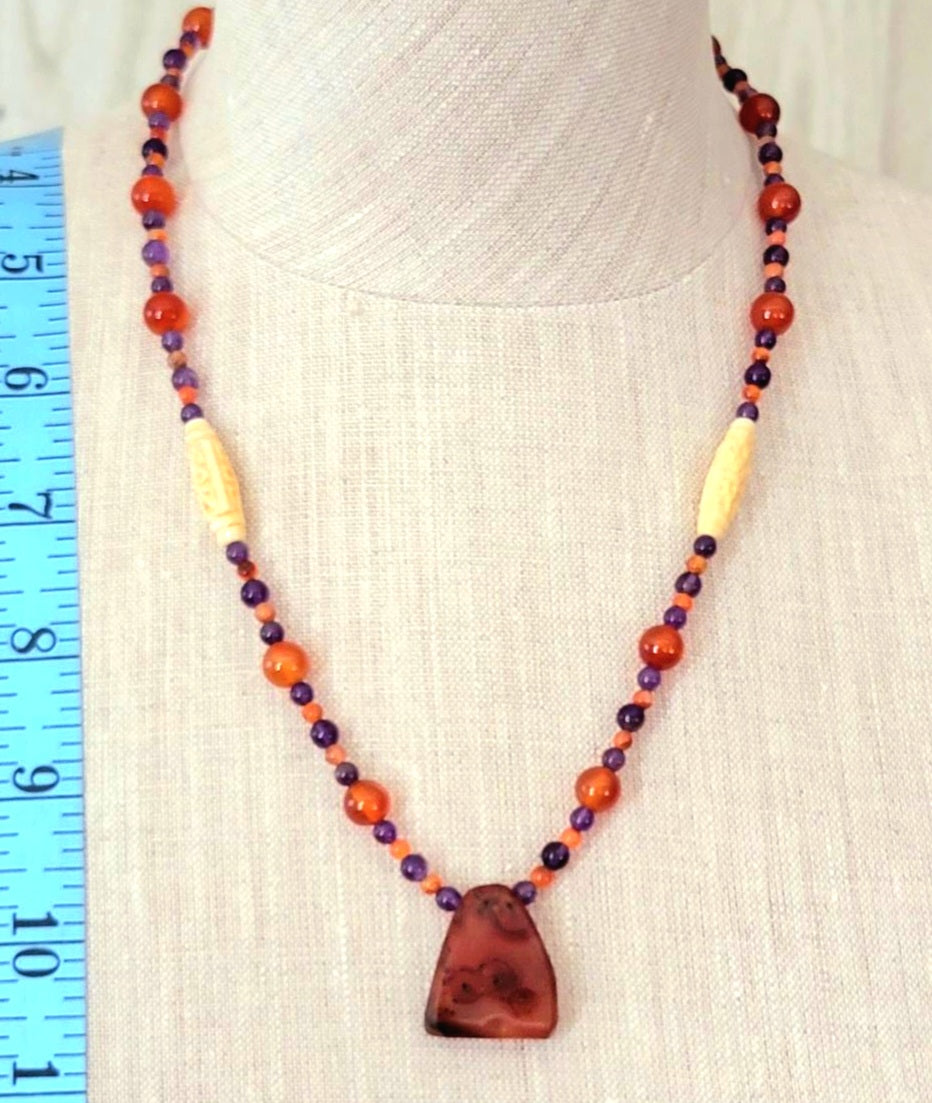 Indus Valley Carnelian Pendant: Amethyst, Bone & Carnelian