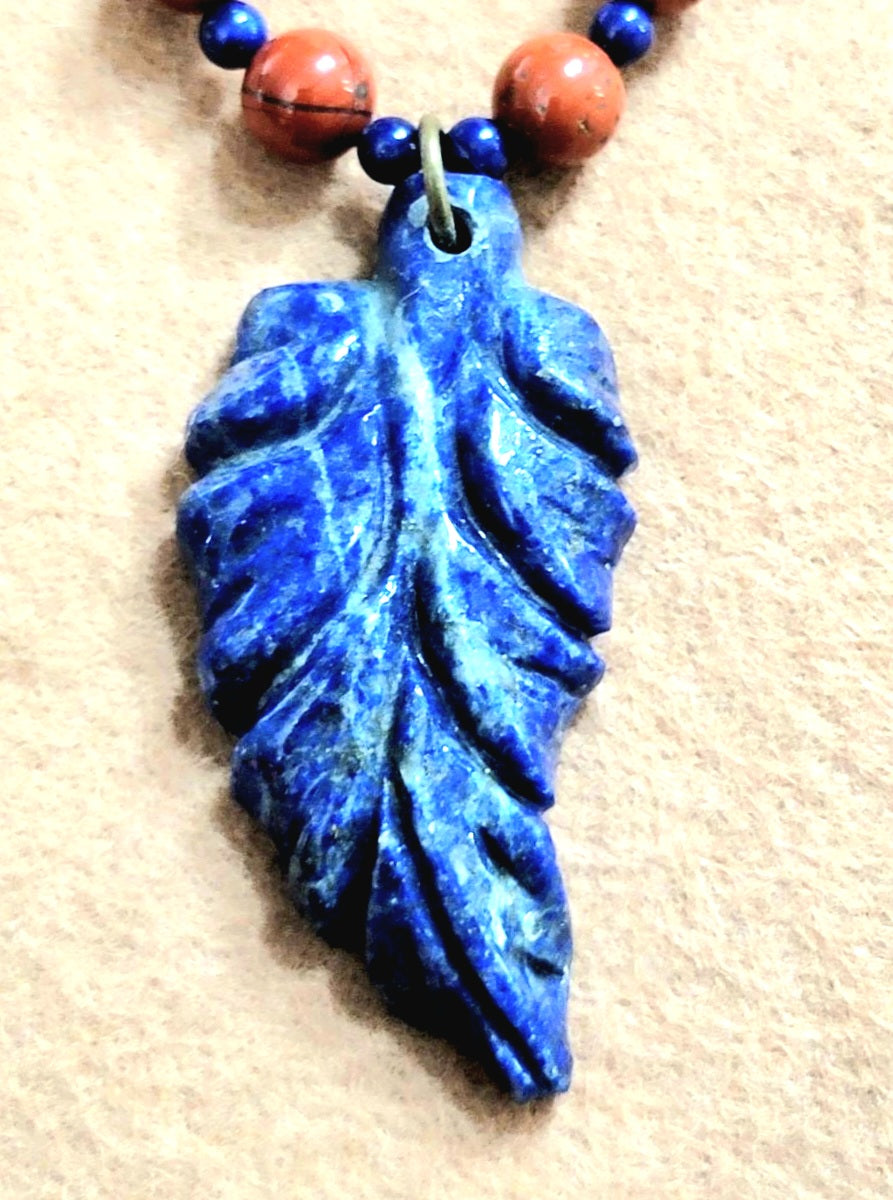 Lapis Leaf Pendant: Red Tiger Eye, Red Jasper, Azurite & Bone