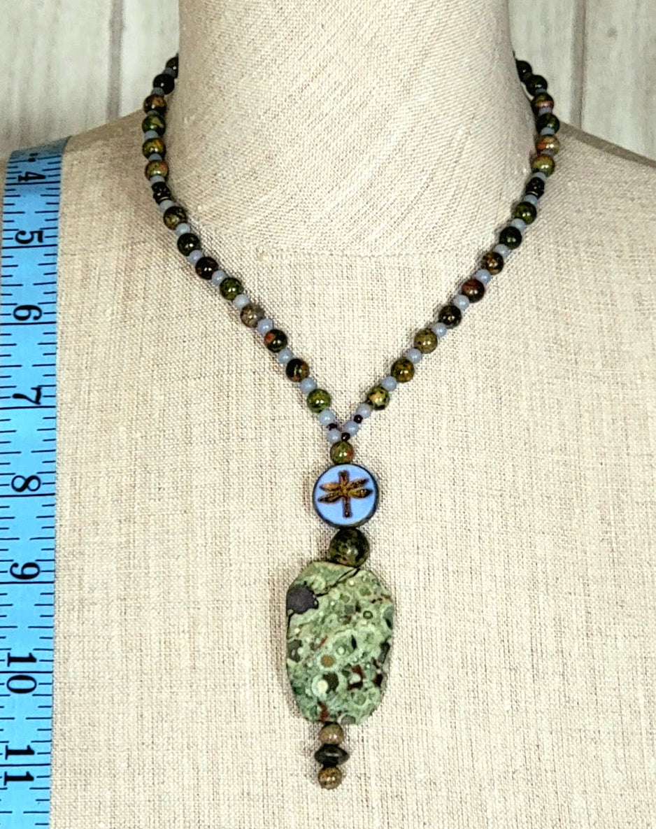 Green Agate Drop Bead: Unakite & Angelite W/ Twirling Dragonfly
