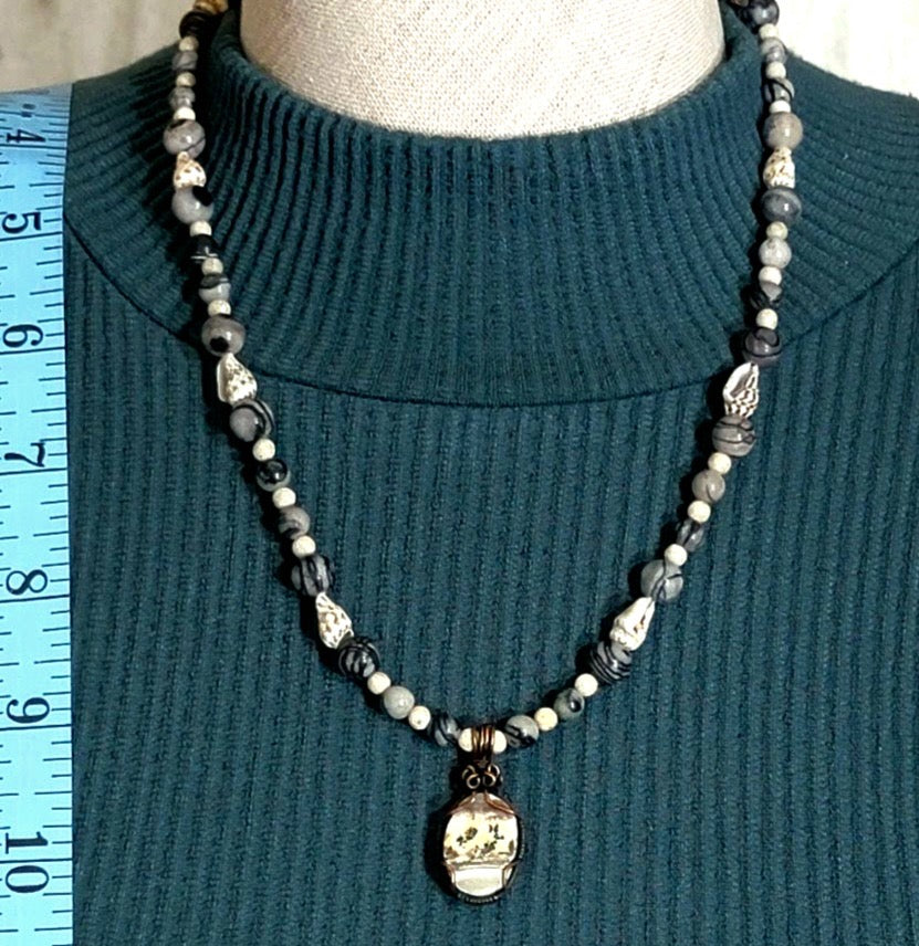 Silver Lace Onyx Pendant:  Picasso Jasper, Shell & Seed