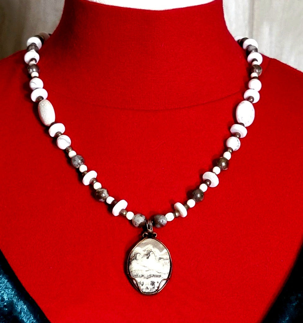 Silver Lacy Onyx Pendant:  White Carnelian, Howlite & Shell