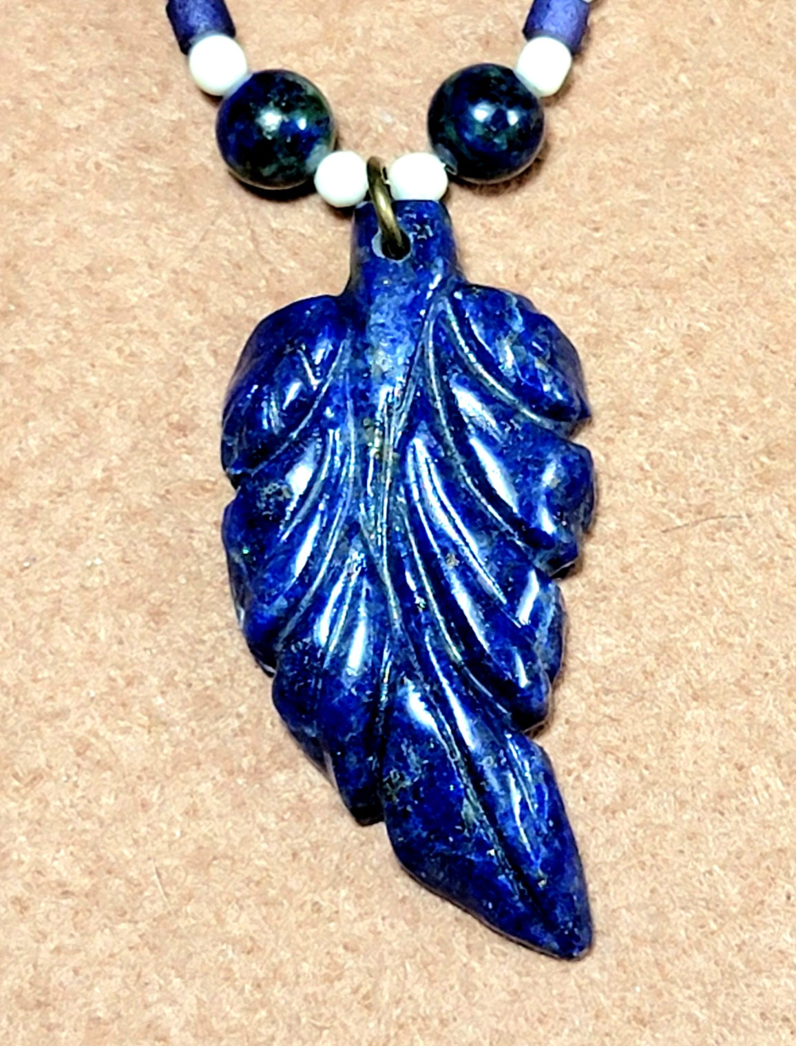 Lapis Leaf Pendant: Malachite-Azurite, Lapis, Bone & Reed