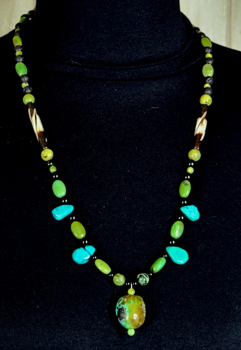 Turquoise Bead:  Black Tourmaline, Chrysoprase, Lava & Bone