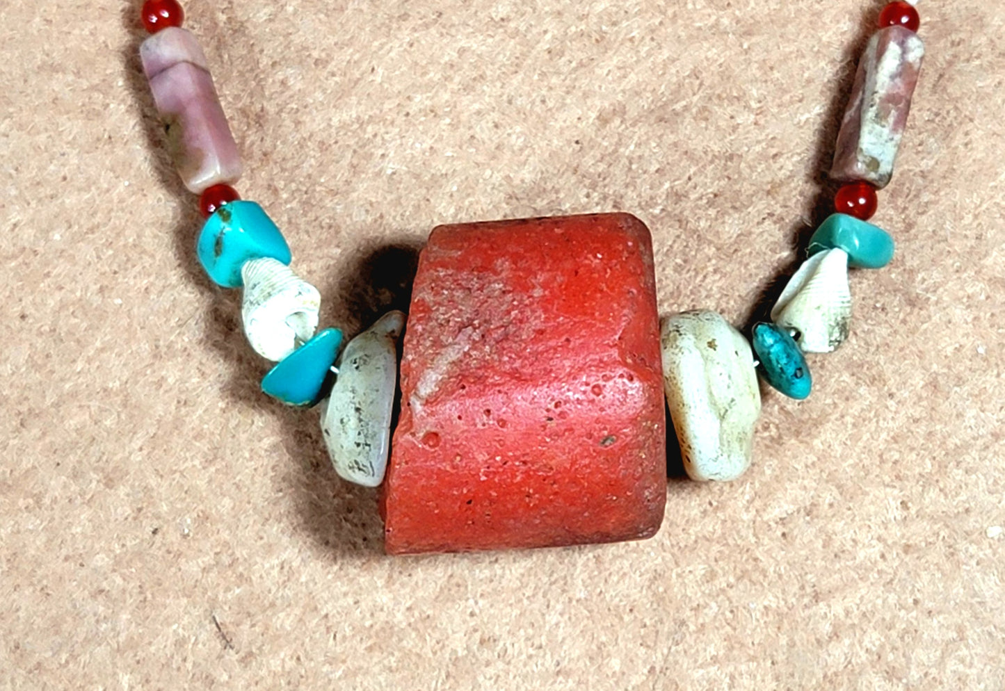 Coral center bead: Turquoise, Rhodonite, Coral, Carnelian, Shell & Bone