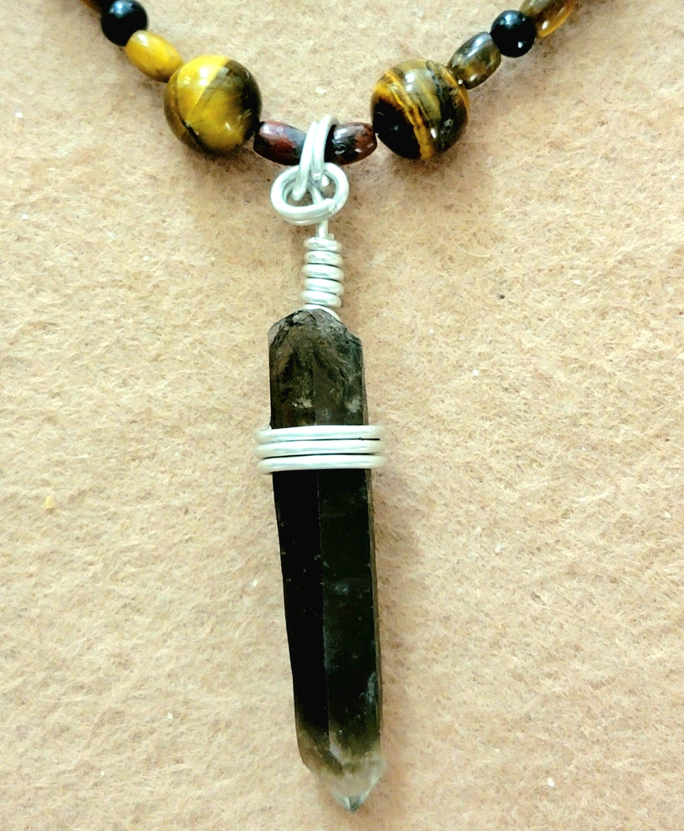 Smokey Quartz Pendant:  Tiger Eye, Onyx & Bone