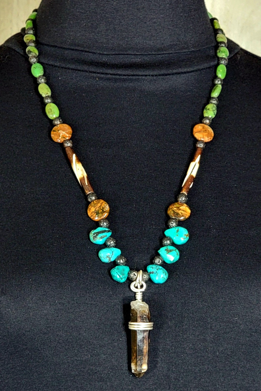 Smokey Quarts Point:  Turquoise, Chrysoprase, Opal, Bone & Lava