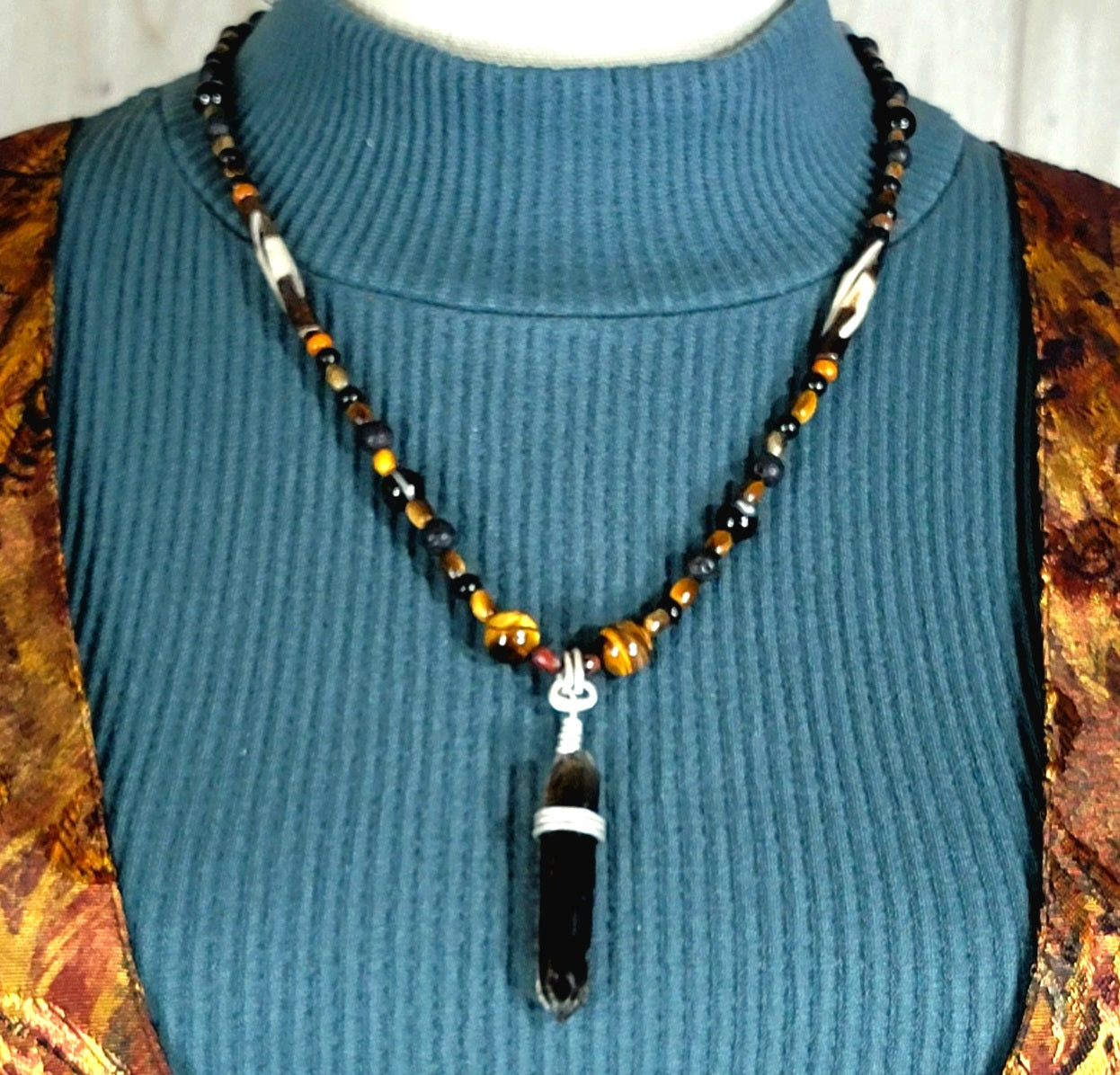 Smokey Quartz Pendant:  Tiger Eye, Onyx & Bone