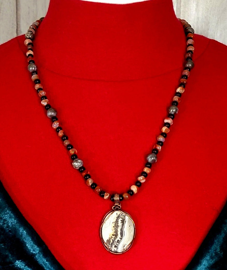 Silver Lacy Onyx Pendant:  Carnelian, Pyrite & Agate