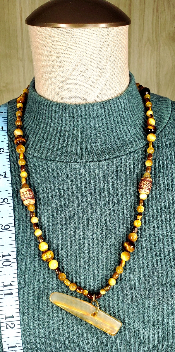 Amber Pendant; Brown & Yellow Tiger Eye & Bone