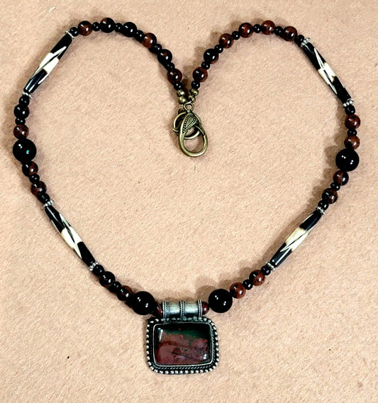Mahogany Obsidian Pendant: Black Onyx, Mahogany Obsidian, Bone & Reed