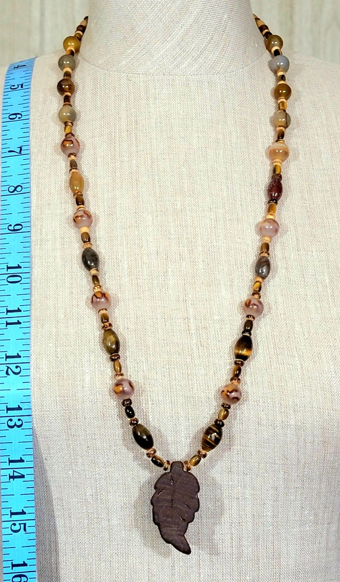 Agate Leaf Pendant:  Brown Tiger Eye, Leopard Quarts, Jasper, Agate & Reed