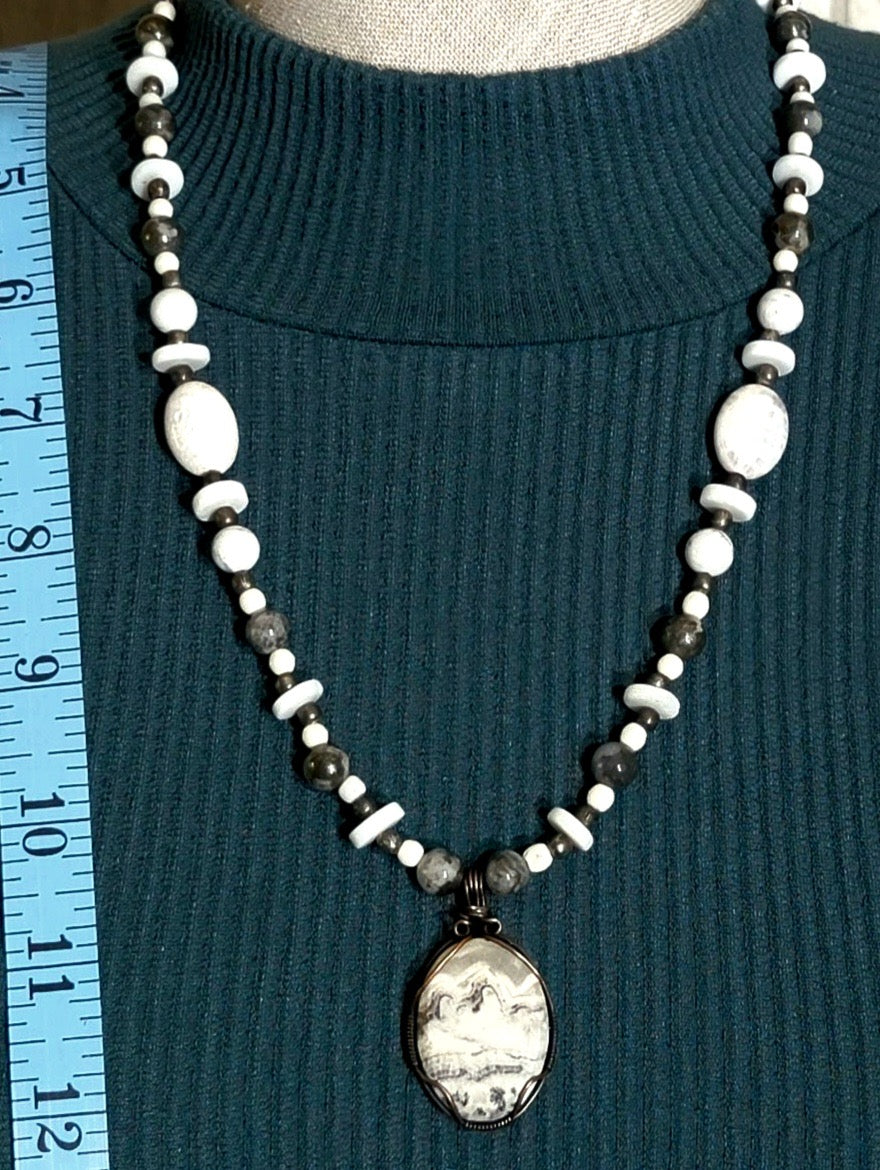 Silver Lacy Onyx Pendant:  White Carnelian, Howlite & Shell