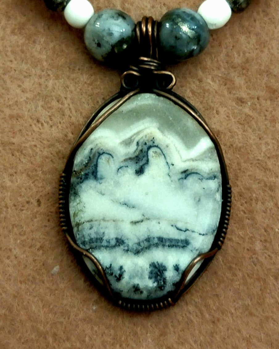 Silver Lacy Onyx Pendant:  White Carnelian, Howlite & Shell