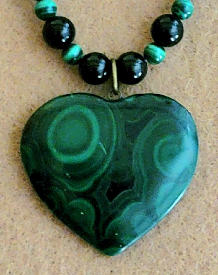 Malachite Heart Pendant:  Black Tourmaline & Bone