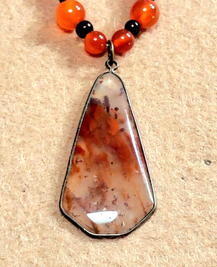 Fire Agate Pendant:  Lapis, Carnelian & Lava