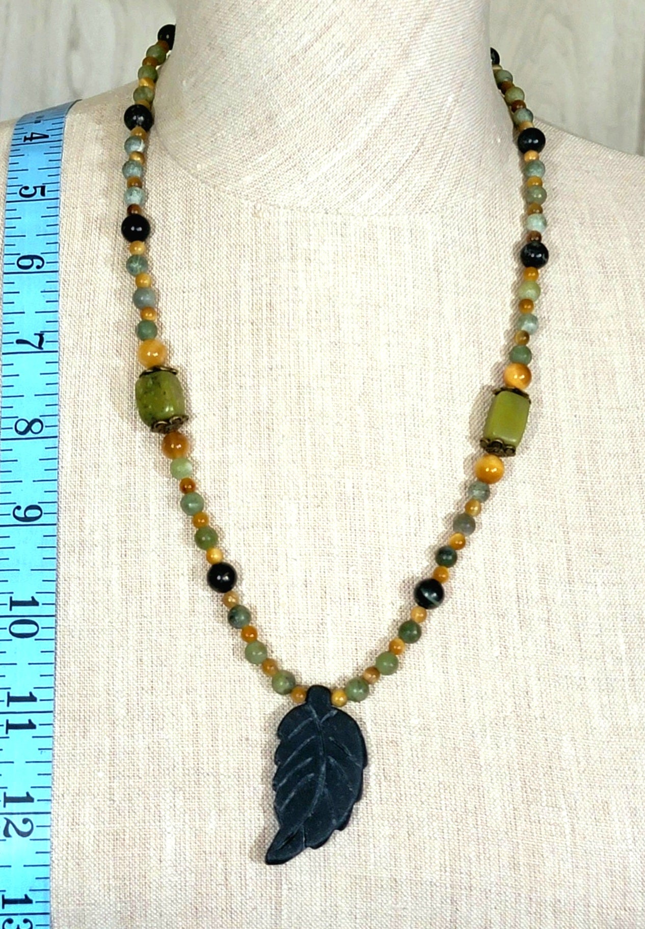 Agate Leaf Pendant: Kambaba Jasper, Yellow Tiger Eye,        & Jade