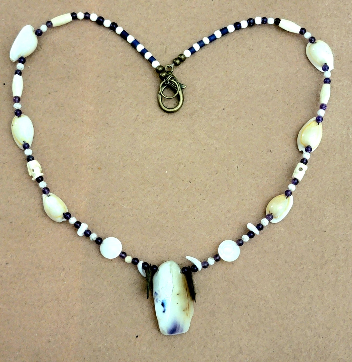 Shell Pendant: Amethyst, Abalone, Shell, Bone & Reed