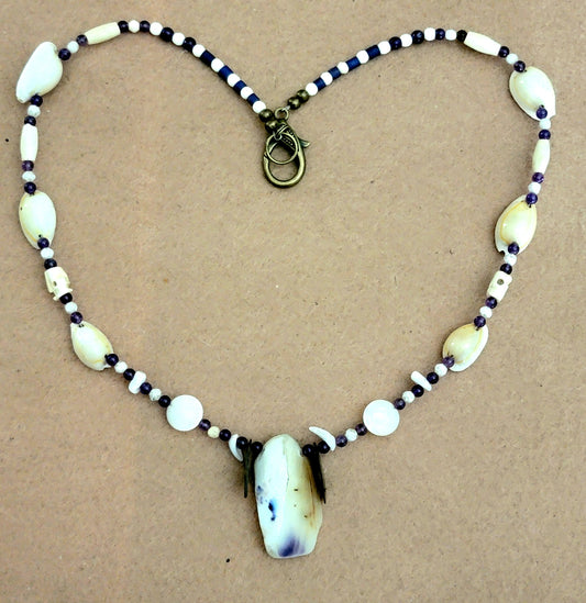 Shell Pendant: Amethyst, Abalone, Shell, Bone & Reed