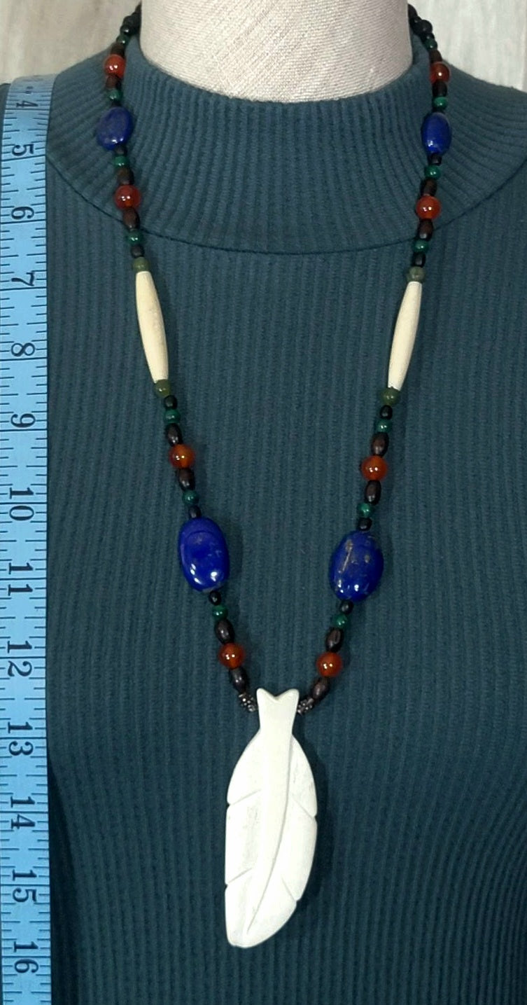 White Feather Pendant:  Aventurine, Malachite, Carnelian, Lapis, Lava & Bone