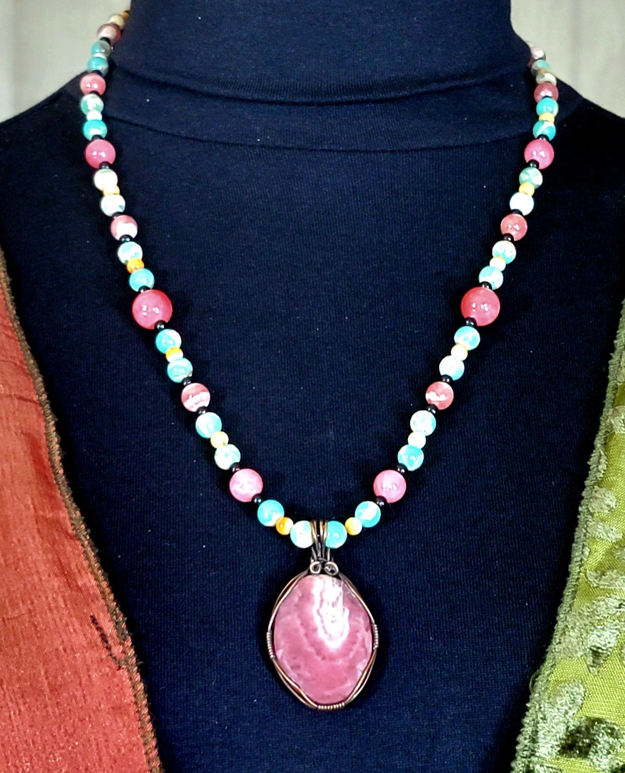 Rhodochrosite Cabochon:  Rose Quarts, Oyster Shell, Opal & Bone