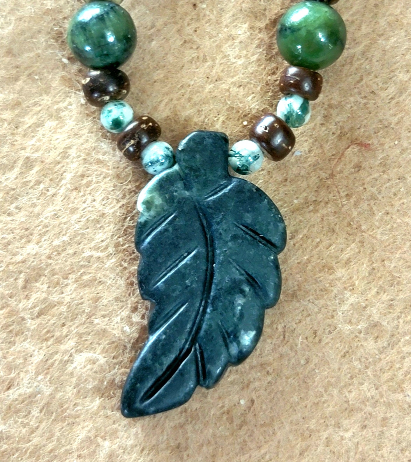 Agate Leaf Pendant:  Green Agate, Moss Agate, Jasper & Wood
