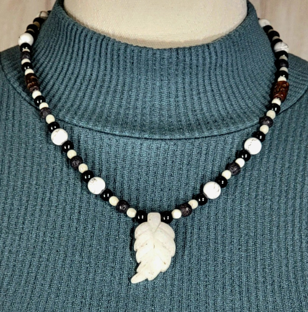 Agate Leaf Pendant: Black Tourmaline, Howlite, Bone & Lava
