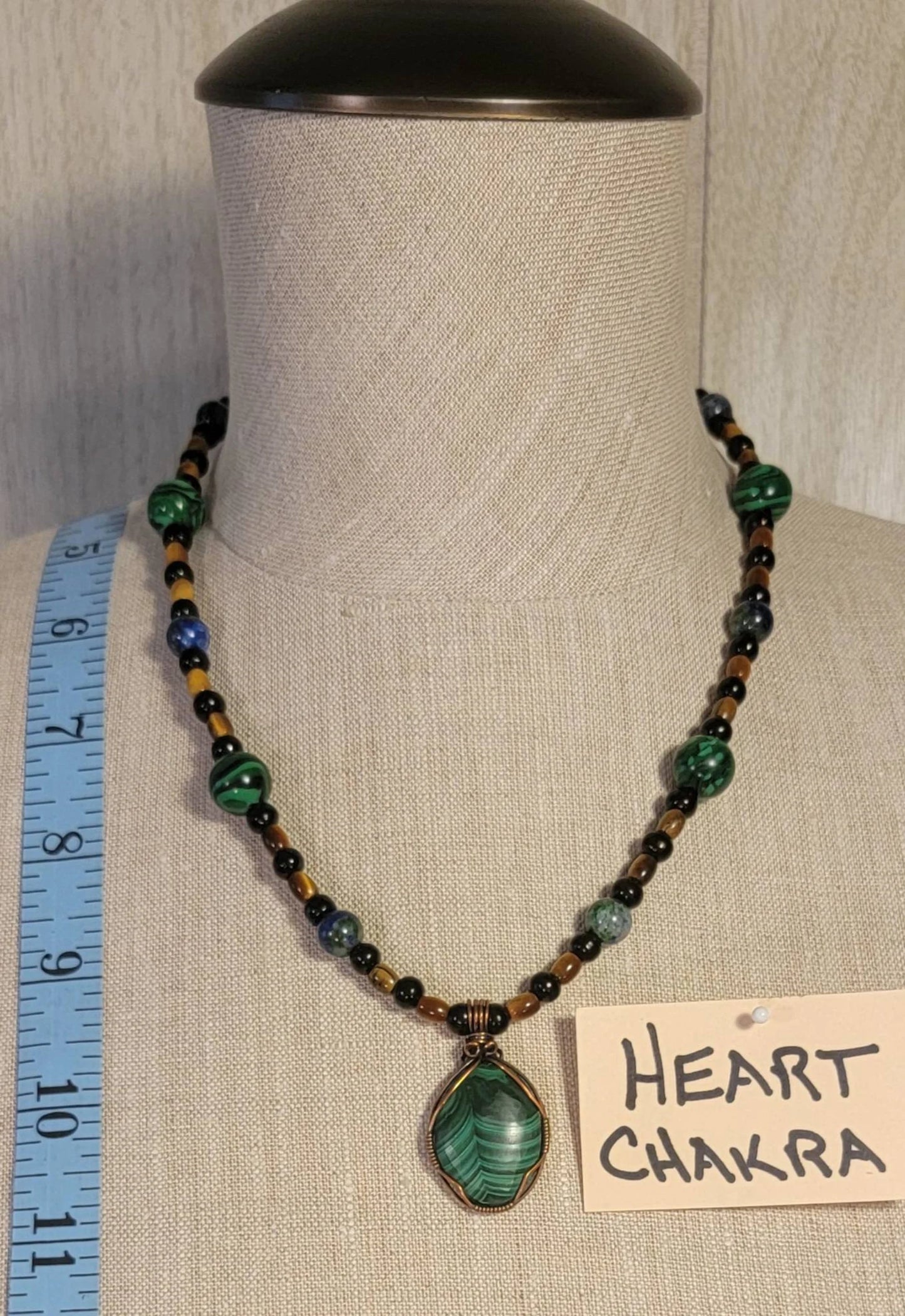 Malachite Cabochon: Malachite, Azurite Brown Tiger Eye & bone beads