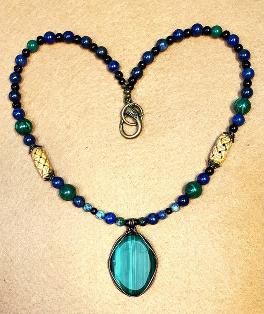 Malachite Cabochon: Black Tourmaline, Lapis & Lava