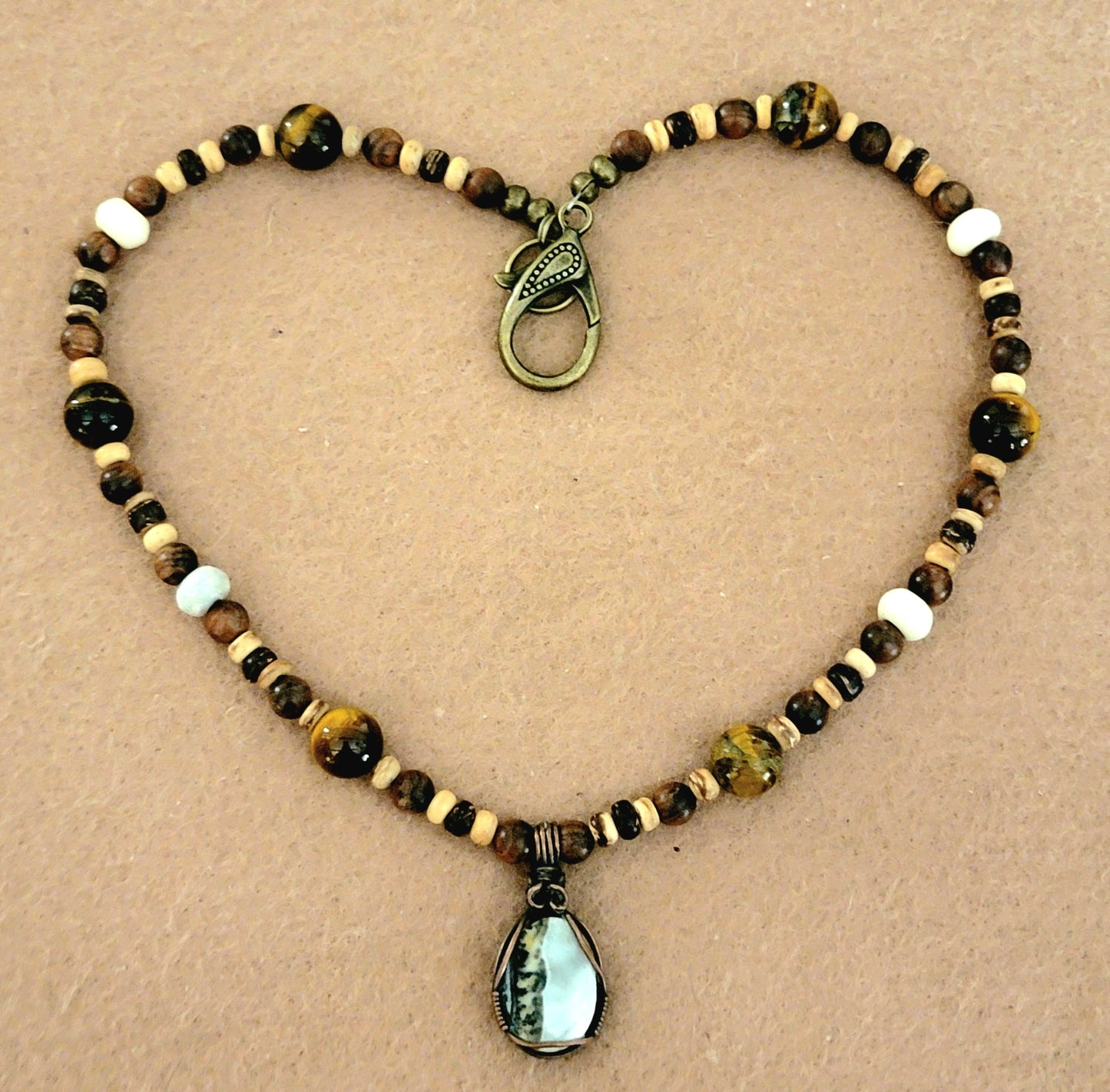 Silver Lace Onyx Pendant: Tiger Eye, Bone, Reed & Wood