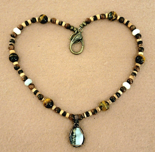 Silver Lace Onyx Pendant: Tiger Eye, Bone, Reed & Wood