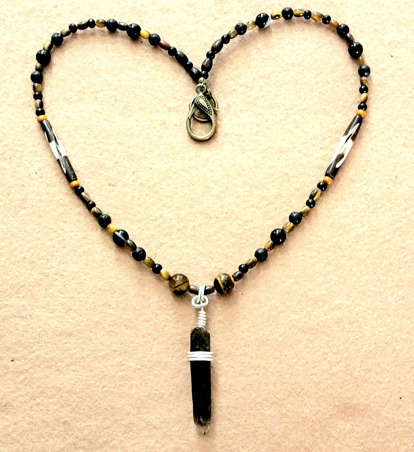 Smokey Quartz Pendant:  Tiger Eye, Onyx & Bone
