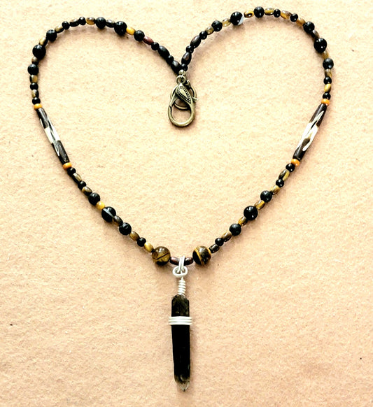 Smokey Quartz Pendant:  Tiger Eye, Onyx & Bone
