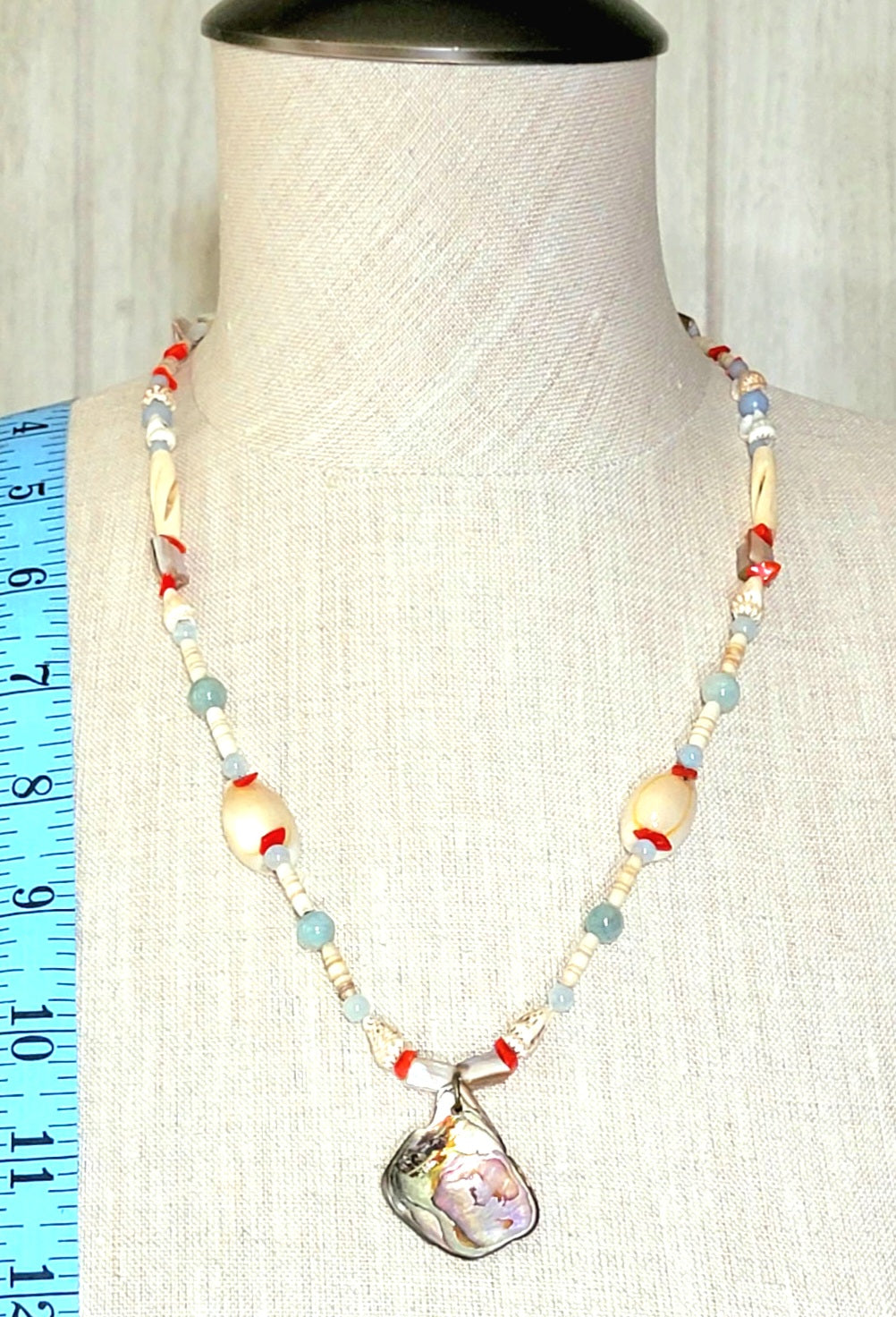 Abalone Pendant: Aquamarine, Angelite, Coral, Bone and Shell