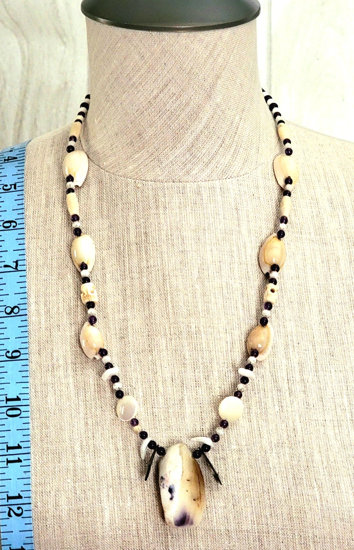 Shell Pendant: Amethyst, Abalone, Shell, Bone & Reed