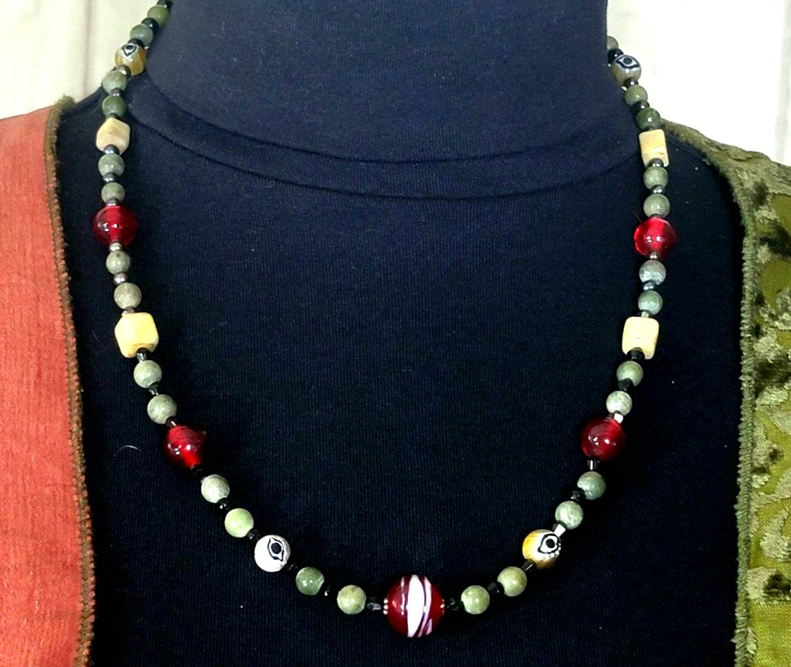 Vintage Glass Bead:  Ceramic, Jade & Bone