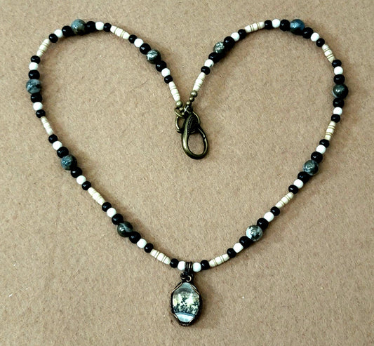 Silver Lacy Onyx Pendant:  Pyrite & Bone