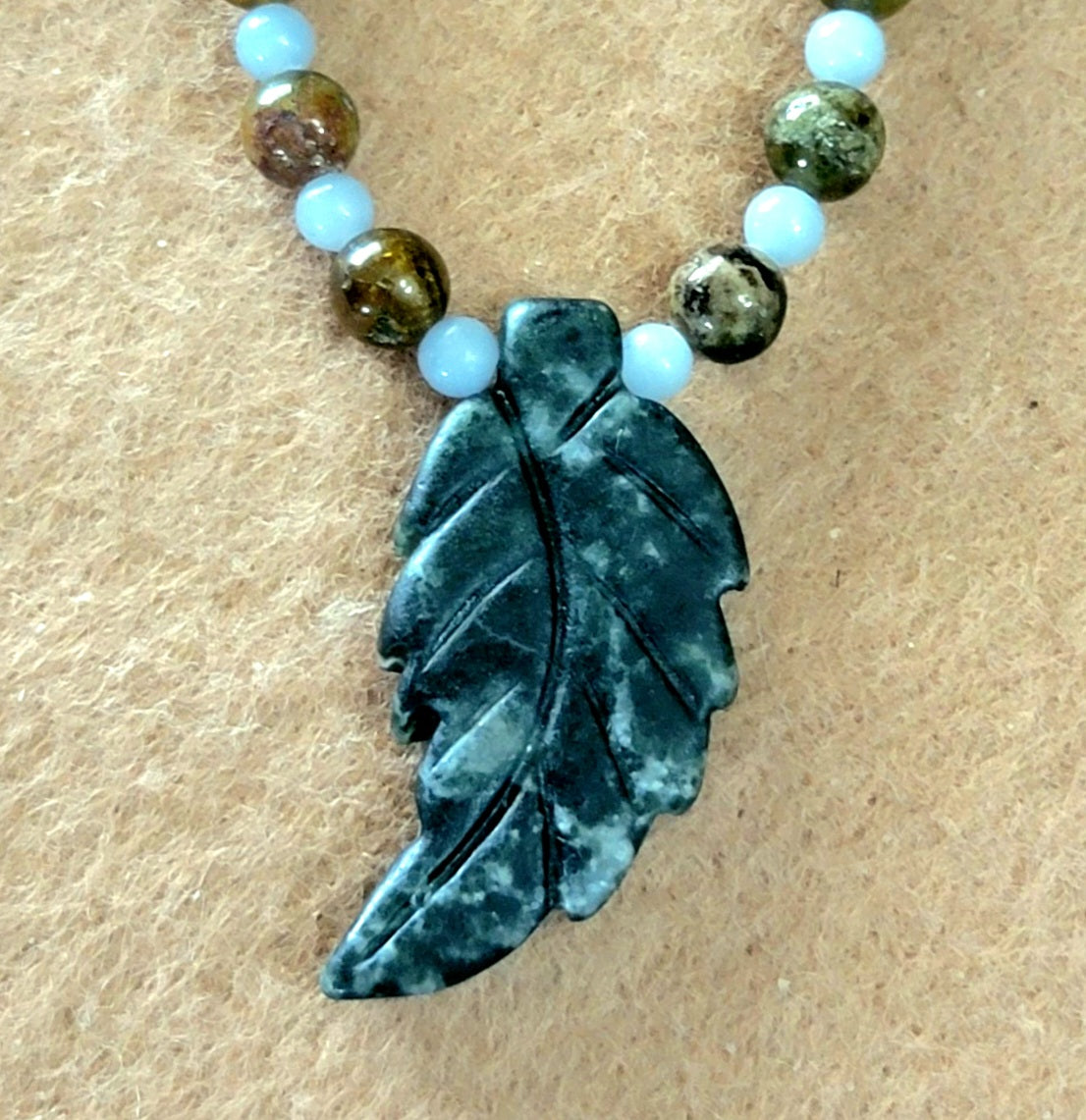 Agate Leaf Pendant: Grossular Garnet, Unakite, Angelite, Jasper & Reed
