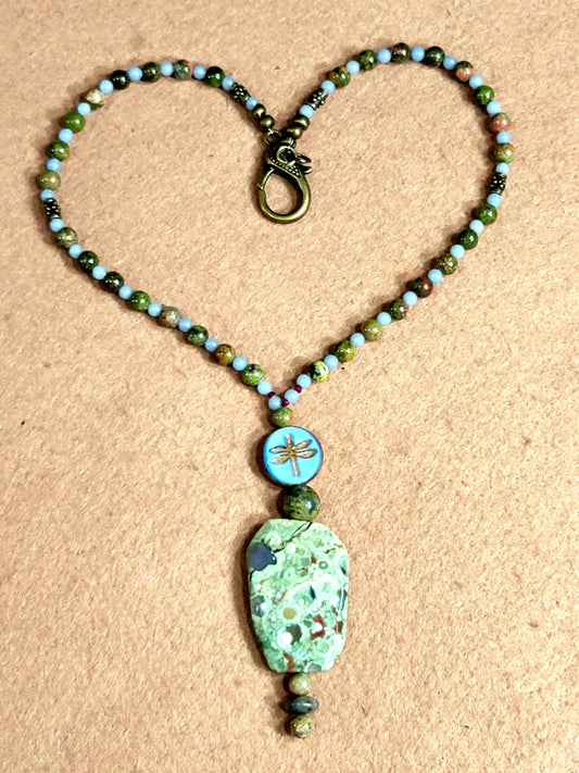 Green Agate Drop Bead: Unakite & Angelite W/ Twirling Dragonfly