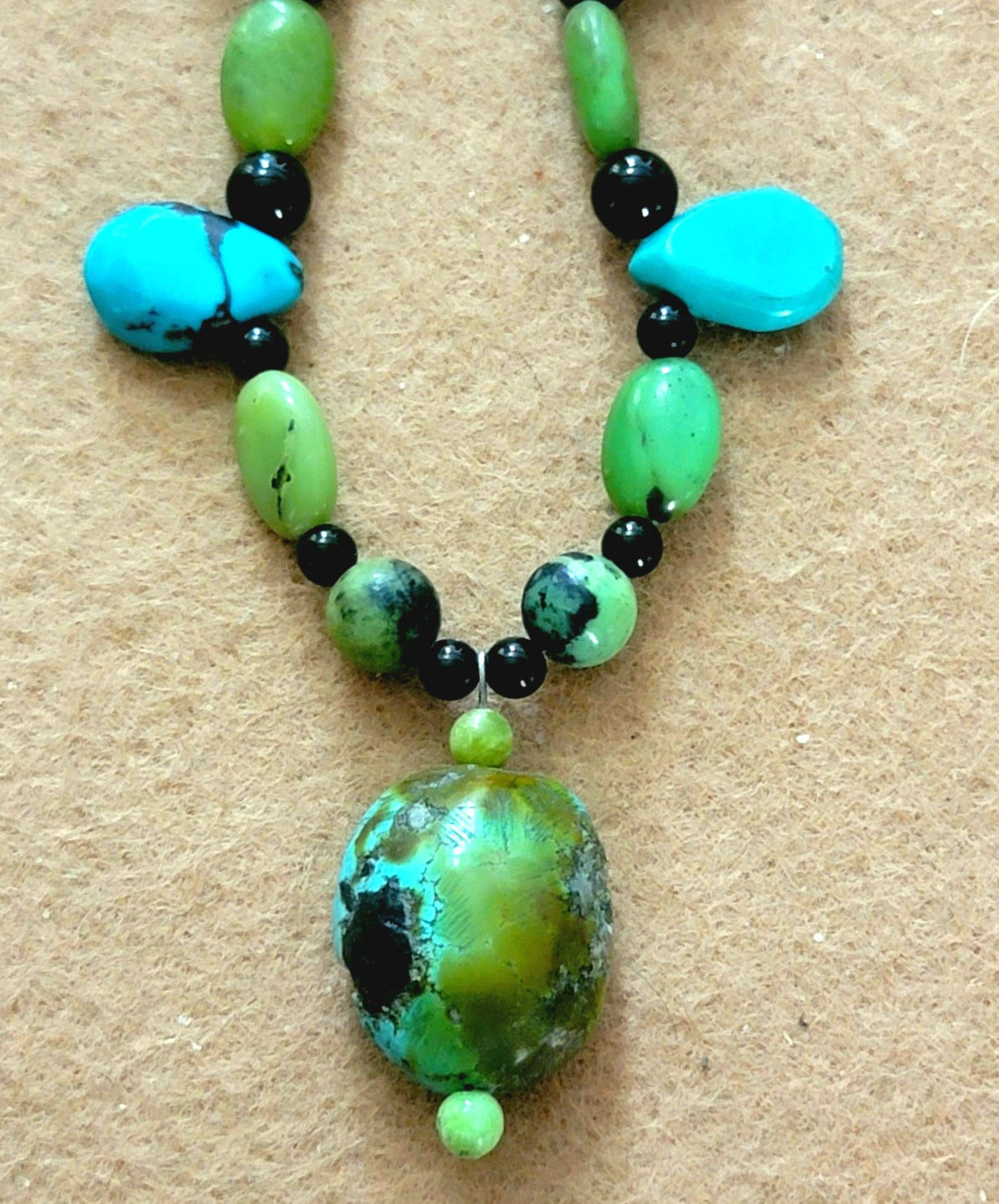 Turquoise Bead:  Black Tourmaline, Chrysoprase, Lava & Bone