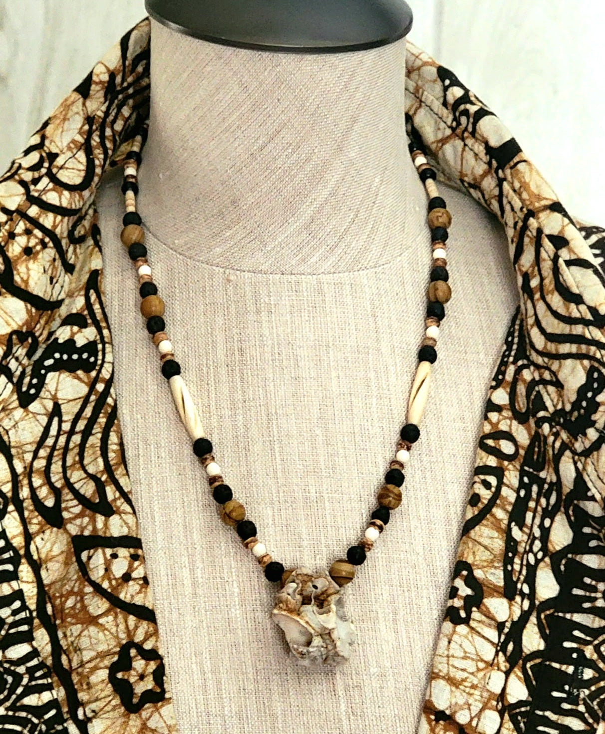 Coral Pendant: Coral, Lava, Bone, Seed, Wood & Desert Jasper