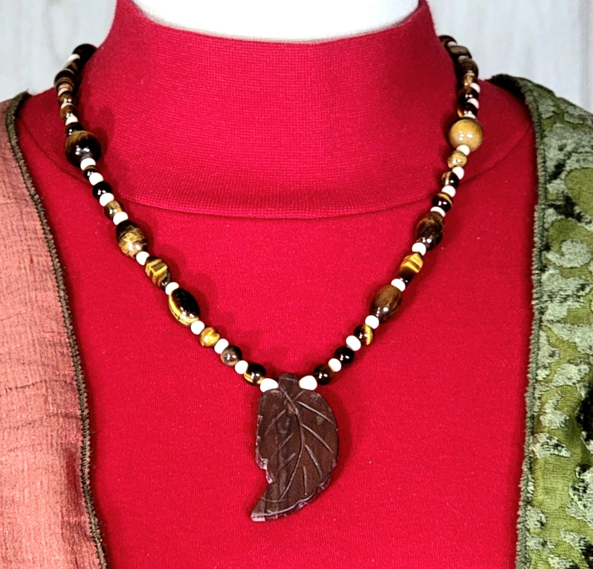 Agate Leaf Pendant: Tiger Eye & Bone