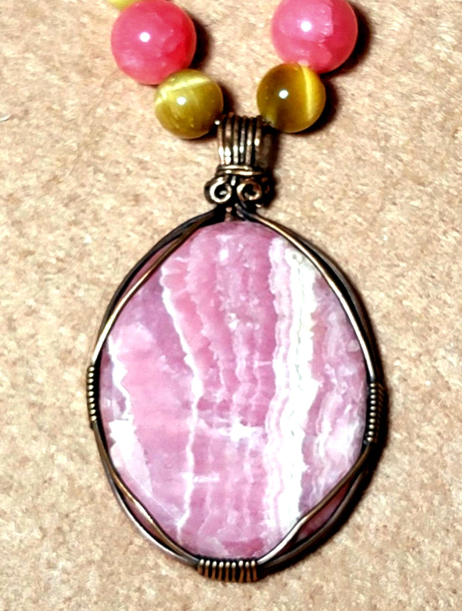 Rhodochrosite Cabochon: Yellow Tiger Eye, Rose Quarts, Garnet, Lava & Bone