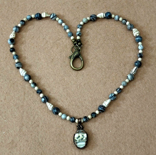 Silver Lace Onyx Pendant:  Picasso Jasper, Shell & Seed