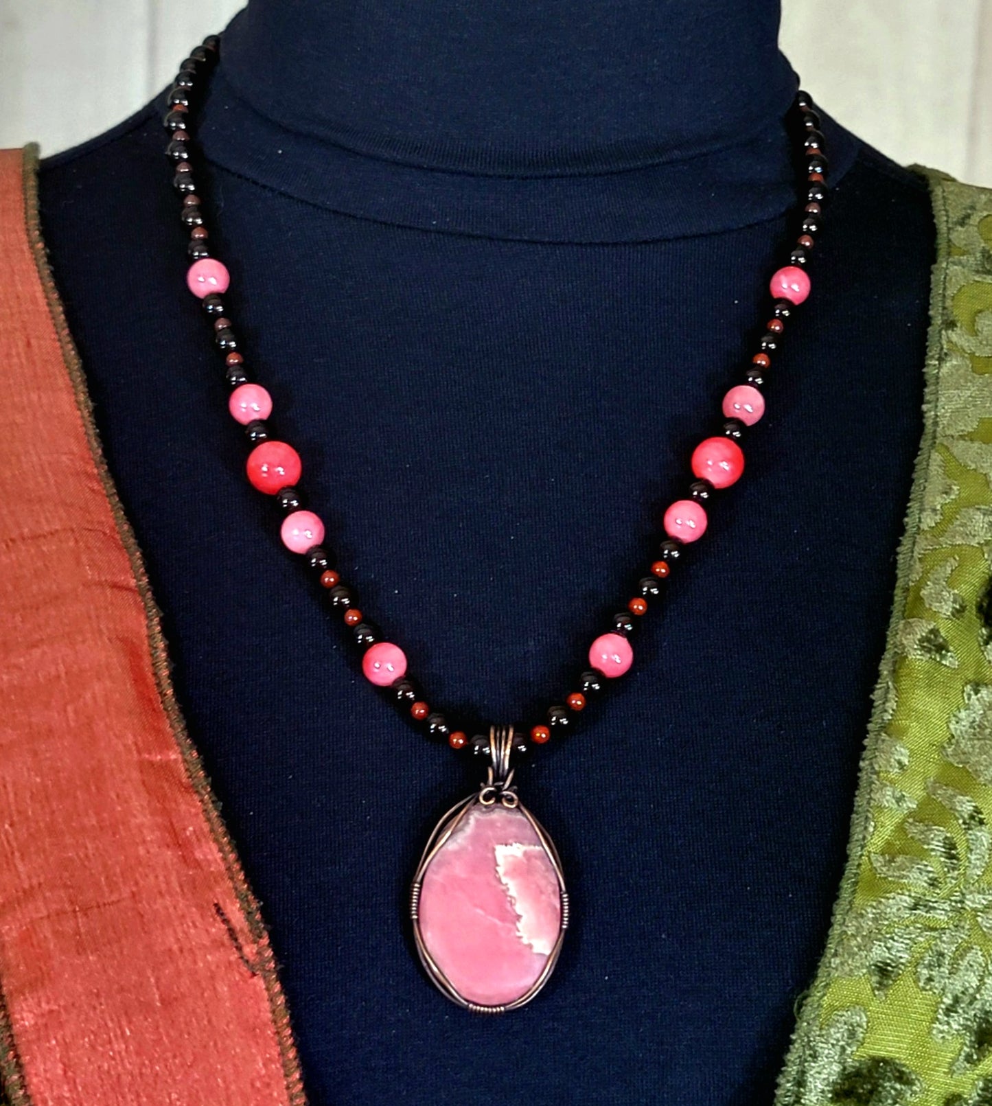 Rhodochrosite Cabochon:  Black Tourmaline, Rose Quarts & Carnelian
