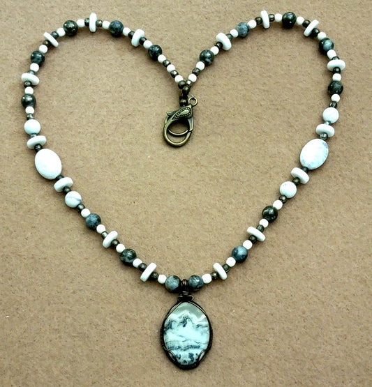 Silver Lacy Onyx Pendant:  White Carnelian, Howlite & Shell